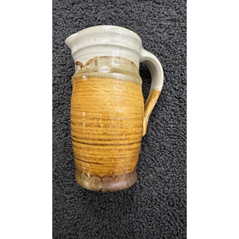 Earthy Yellow Vintage Hand Thrown Stoneware Pottery Pitcher 9 in Tall Initialed
